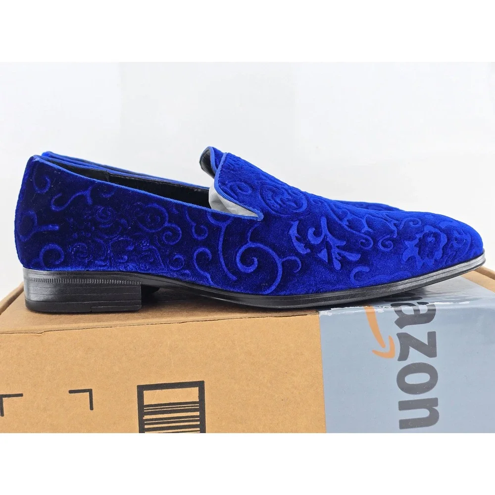 Stacy Adams Vion Velvet Loafers Mens Size 9 Royal Blue Paisley Slip On - VG‎